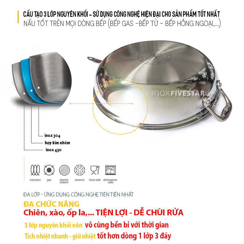 chao chong dinh inox 304 fivestar 30cm cao cap 3lop - Chảo Cao Cấp 3 Lớp Inox 304 Five Star 30cm