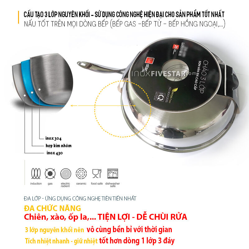 review chao chong dinh 3 lop inox 304 - Chảo chống dính inox 304 fivestar 3 lớp 24cm