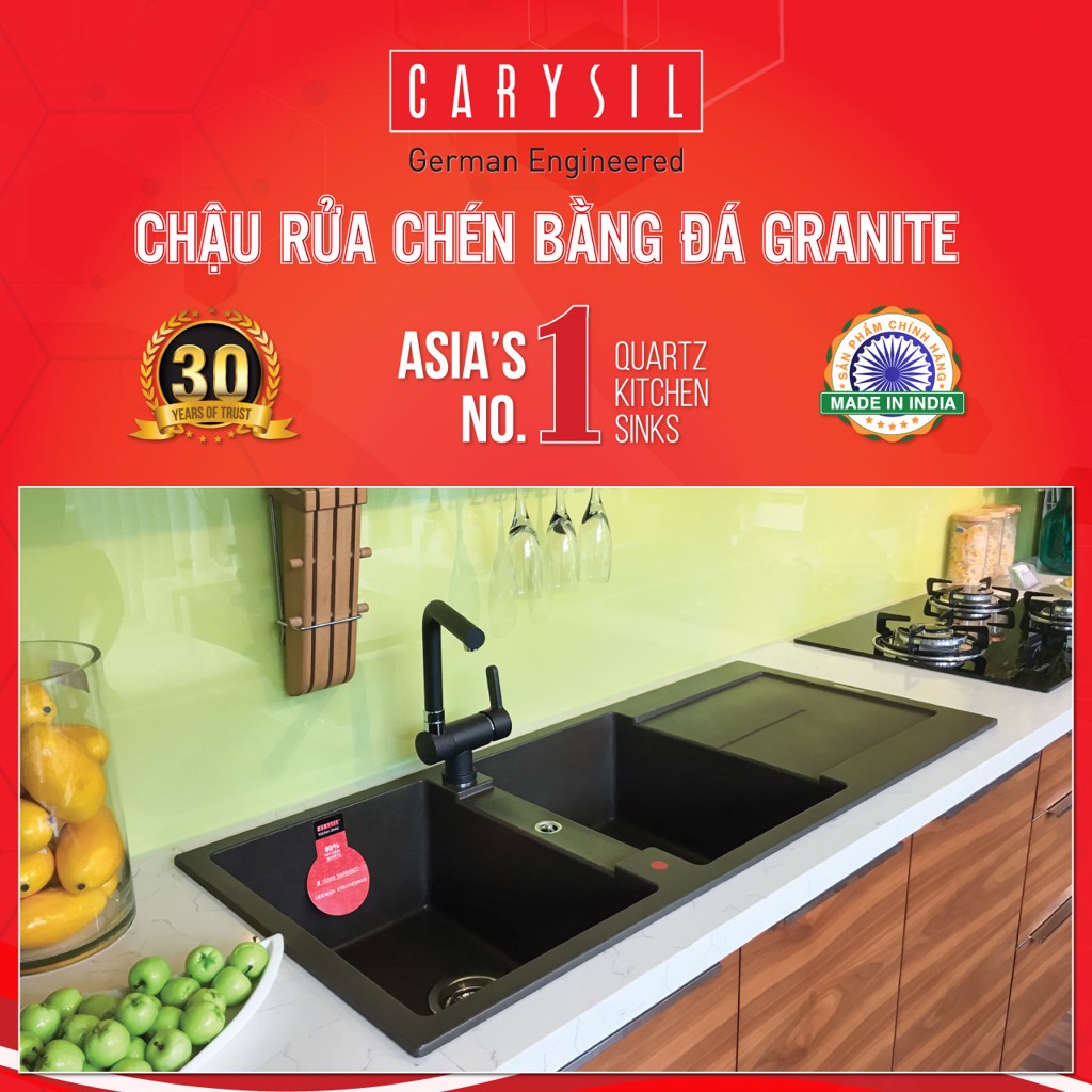 Chậu rửa chén bằng đá granite 2 hố có cánh ENC1 - Enigma D200 - Carysil