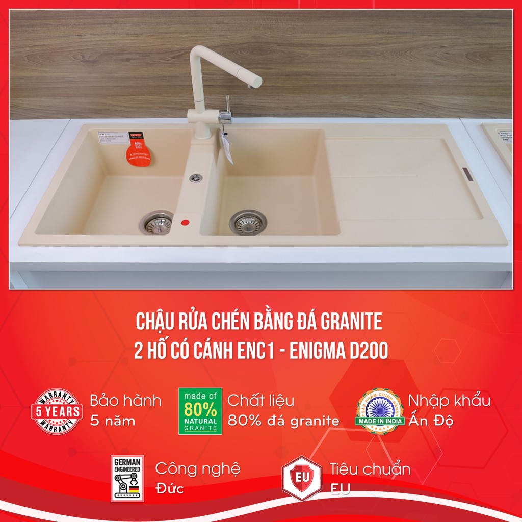 Chậu rửa chén bằng đá granite 2 hố có cánh ENC1 - Enigma D200 - Carysil