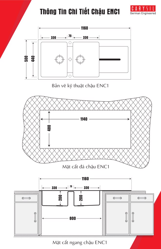 Chậu rửa chén bằng đá granite 2 hố có cánh ENC1 - Enigma D200 - Carysil