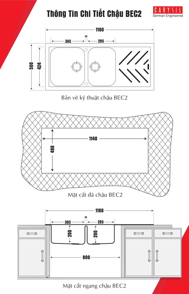 Bồn rửa chén bằng đá granite 2 hố có cánh Beethoven D200 - BEC2 CARYSIL