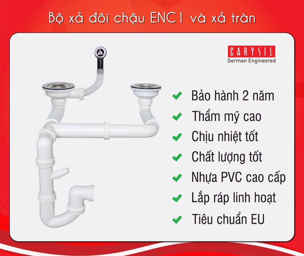 Chậu rửa chén bằng đá granite 2 hố có cánh ENC1 - Enigma D200 - Carysil