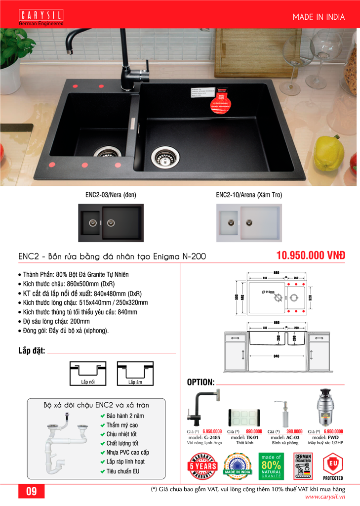 chậu rửa chén bằng đá granite 2 hố ENC2