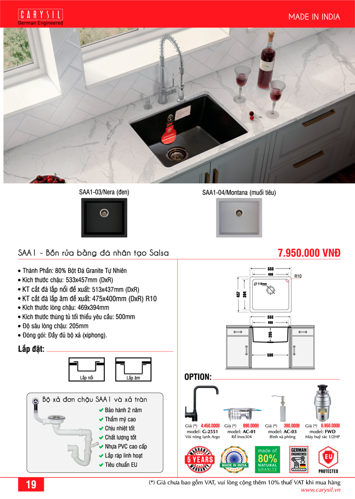 Chậu rửa chén bằng đá granite 1 hố SAA1