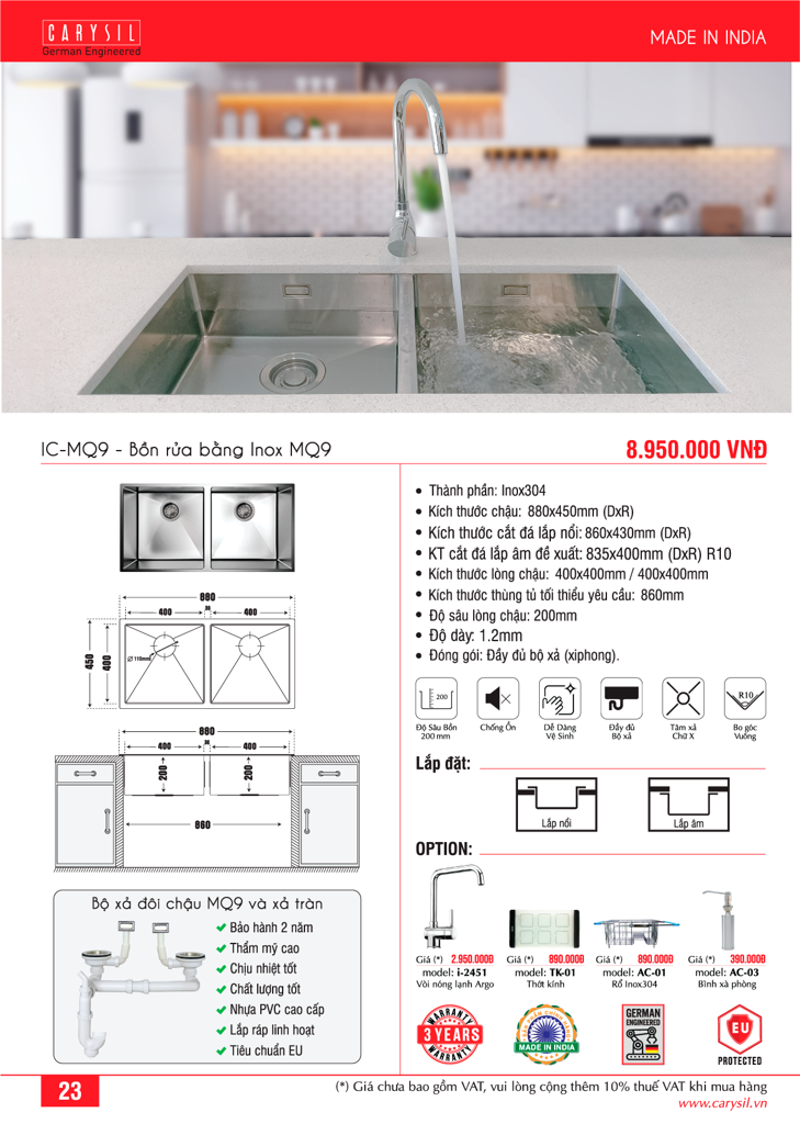 chậu rửa chén bằng đá inox304 cao cấp IC-MQ9 Carysil