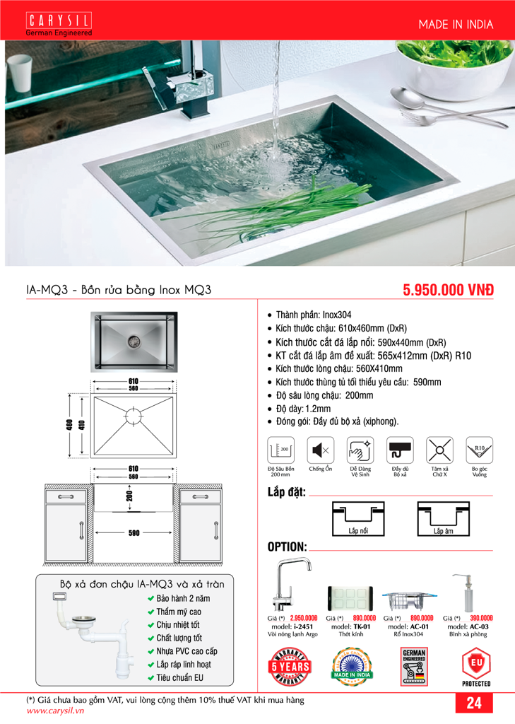 chậu rửa chén bằng đá inox304 cao cấp IA-MQ3 Carysil