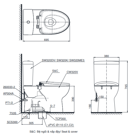 Bản vẽ kỹ thuật bồn cầu TOTO CS325DRW11