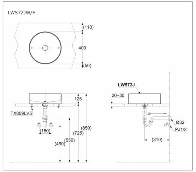 Bản vẽ kỹ thuật sản phẩm lavabo đặt bàn TOTO LW572JW/F