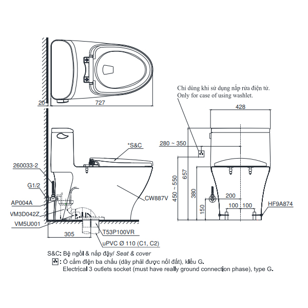 Bản vẽ kỹ thuật bồn cầu MS887RW7