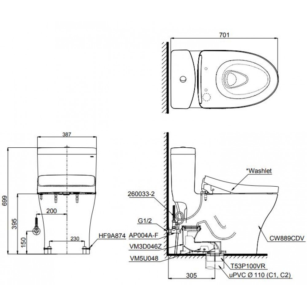 Bản vẽ kỹ thuật bồn cầu MS889DRW7