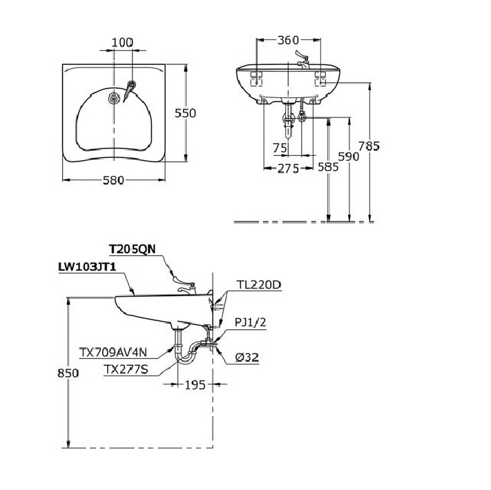 Bản vẽ kỹ thuật lavabo TOTO LW103JT1