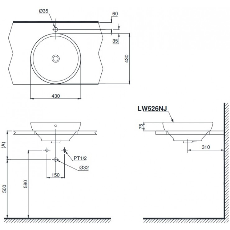 Bản vẽ kỹ thuật Chậu rửa lavabo đặt bàn TOTO LW526NJ