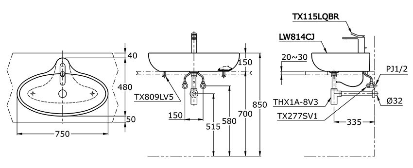 Bản vẽ kỹ thuật lavabo đặt bàn TOTO LW814CJW/F