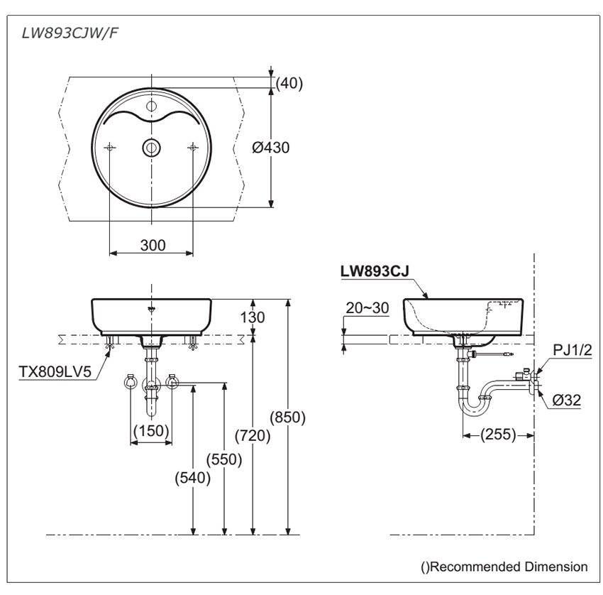 Bản vẽ kỹ thuật lavabo đặt bàn TOTO LW893CJW/F
