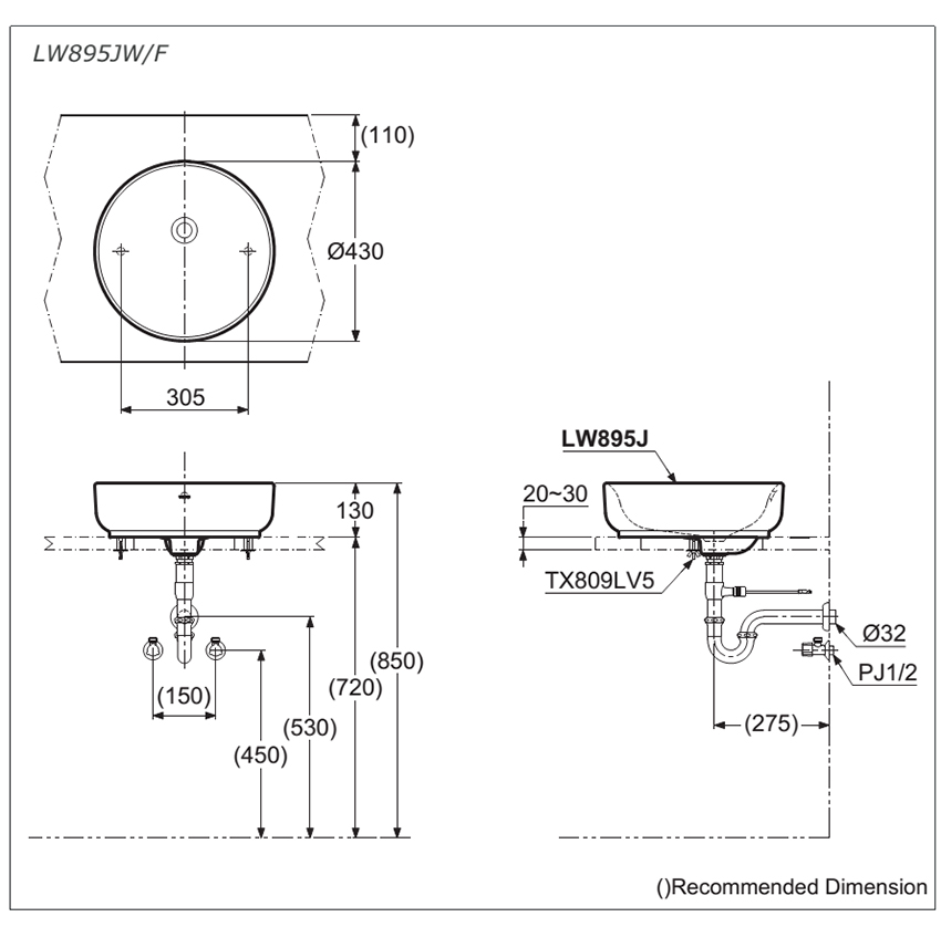 Bản vẽ kỹ thuật lavabo đặt bàn TOTO LW895JW/F