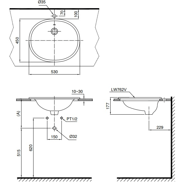Bản vẽ kỹ thuật lavabo dương vành TOTO L762