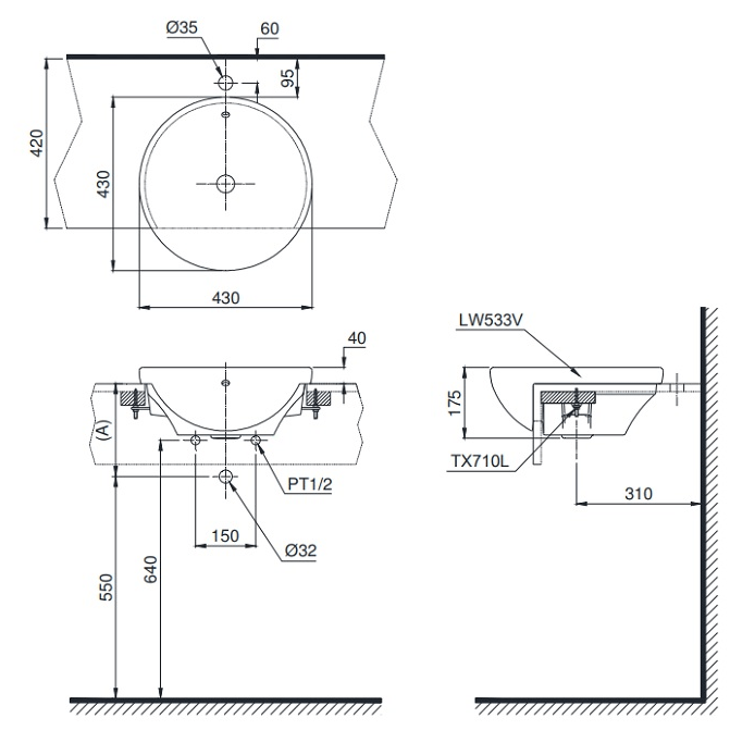 Bản vẽ kỹ thuật TOTO lavabo bán âm TOTO LT533