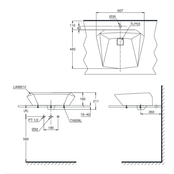 Bản vẽ kỹ thuật lavabo đặt bàn TOTO LT681