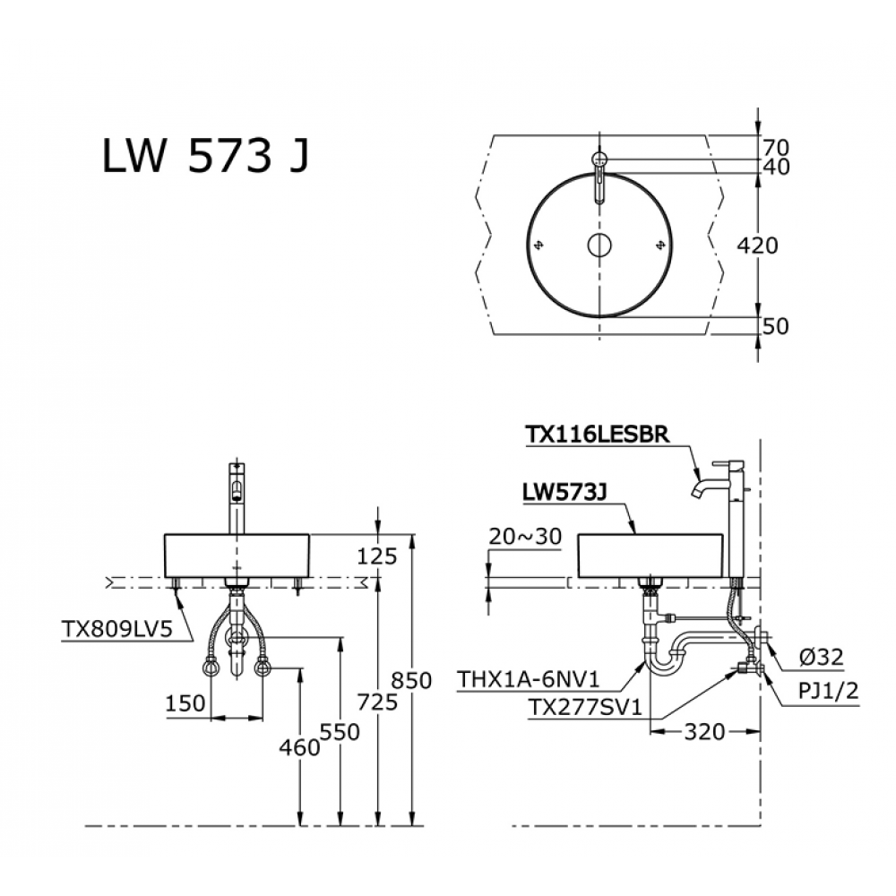 Bản vẽ kỹ thuật lavabo đặt bàn TOTO LW573JW/F