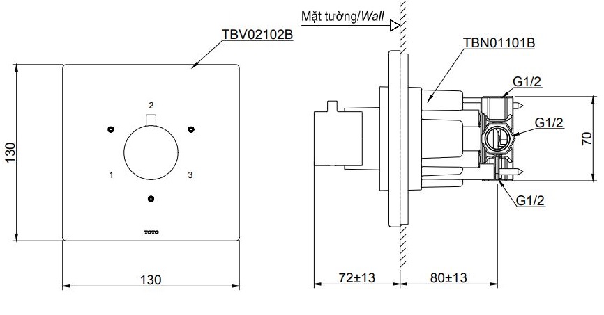 Bản vẽ kỹ thuật van chuyển hướng TOTO TBV02102B 