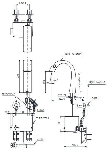 Bản vẽ kỹ thuật vòi cảm ứng nhiệt độ TOTO TLP01701J/TLP01702S
