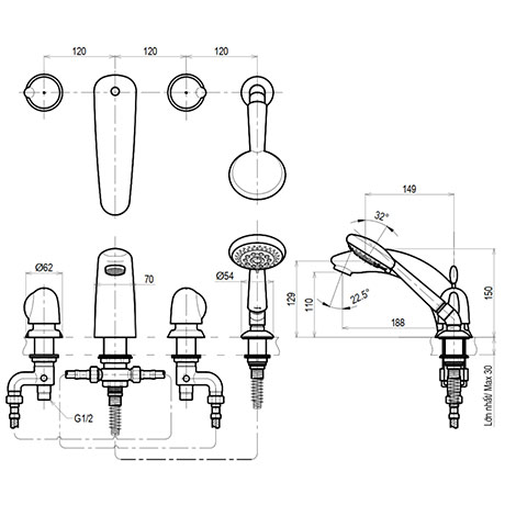 Bản vẽ kỹ thuật vòi xả bồn kèm sen tắm nóng lạnh TOTO TX447SFBR