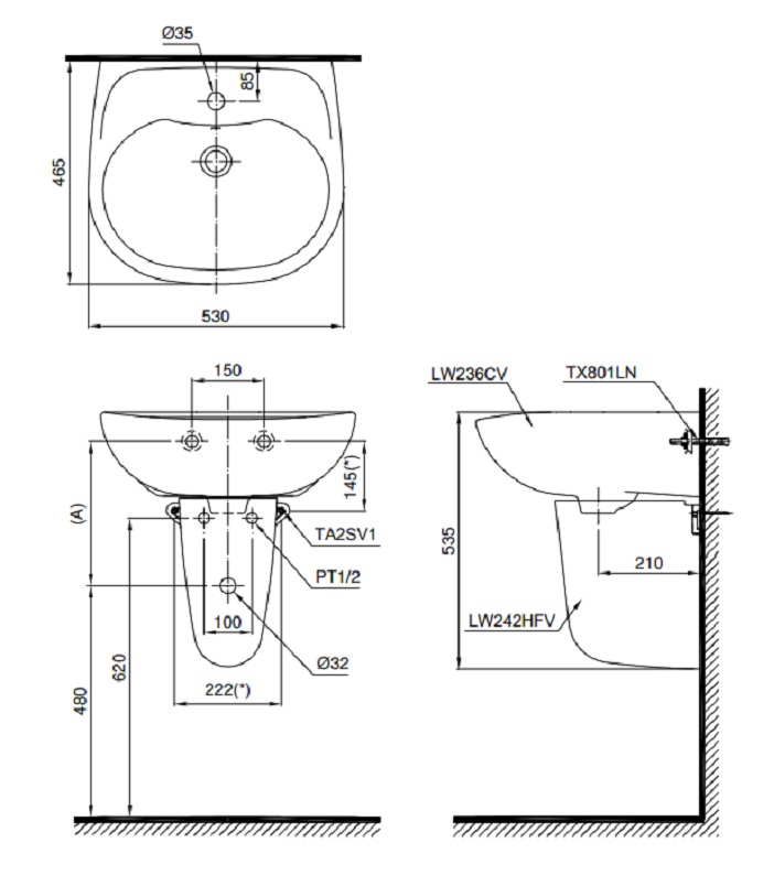 Bản vẽ kỹ thuật lavabo TOTO LT236CS