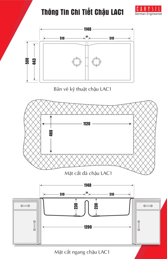 chậu rửa chén bằng đá granite LAC1 1140x500mm