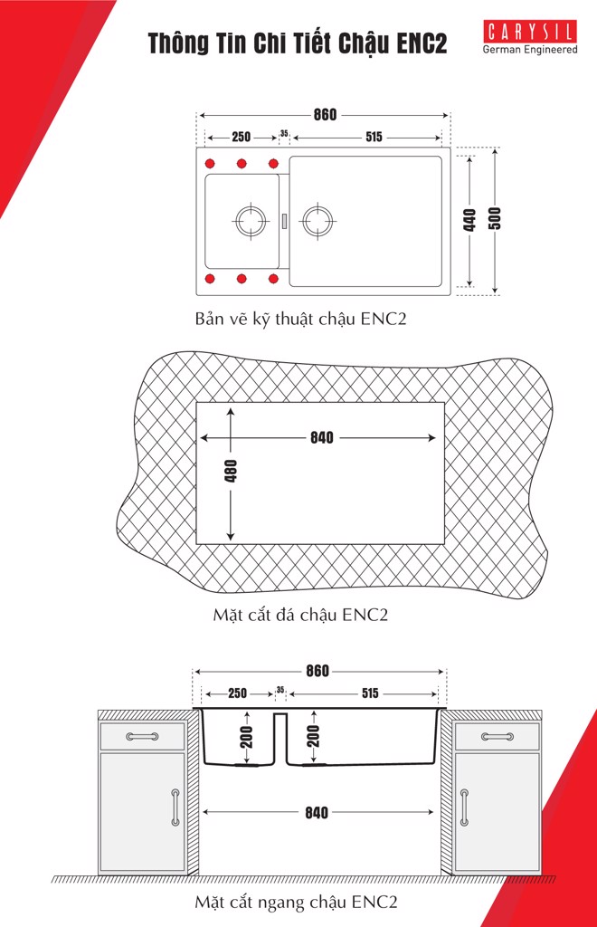 chậu rửa chén bằng đá granite 2 hố ENC2 Carysil