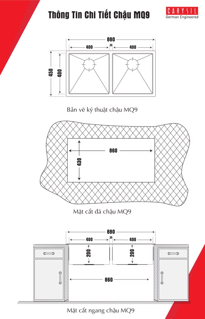 chậu rửa chén inox304 Carysil IC-MQ9