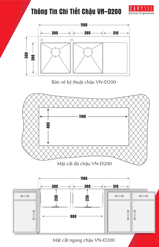 chậu rửa chén bằng inox304 Carysil