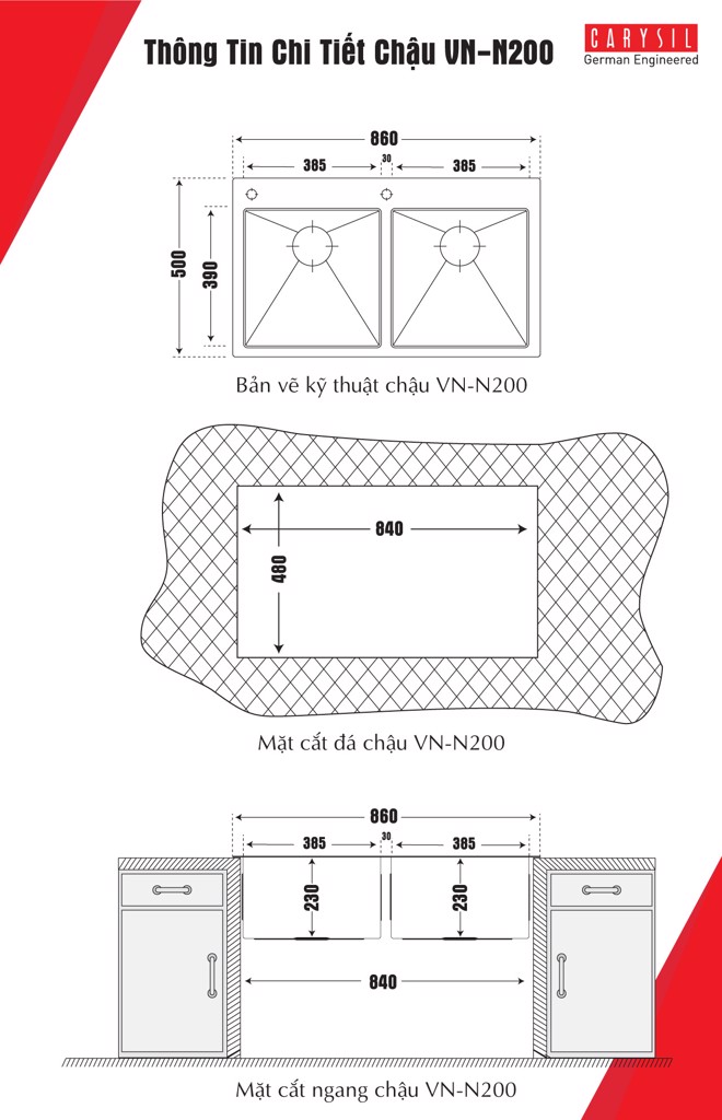 chậu rửa chén bằng inox304 Carysil VN-N200