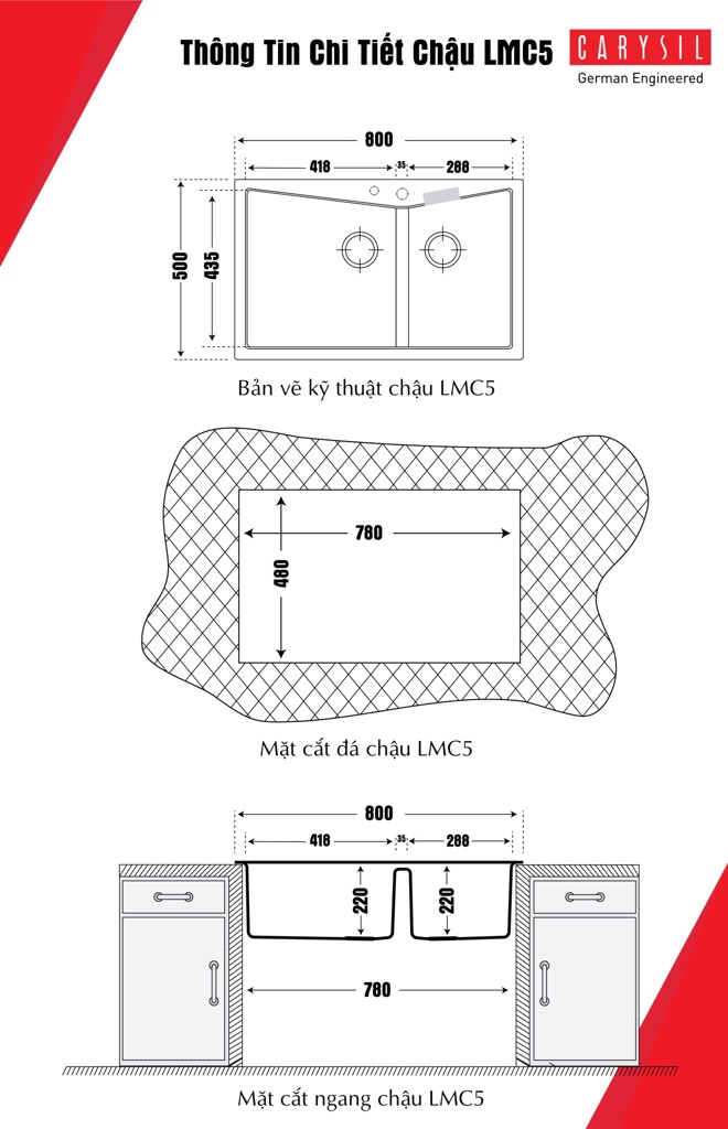 hình kỹ thuật chậu rửa chén bằng đá LMC5