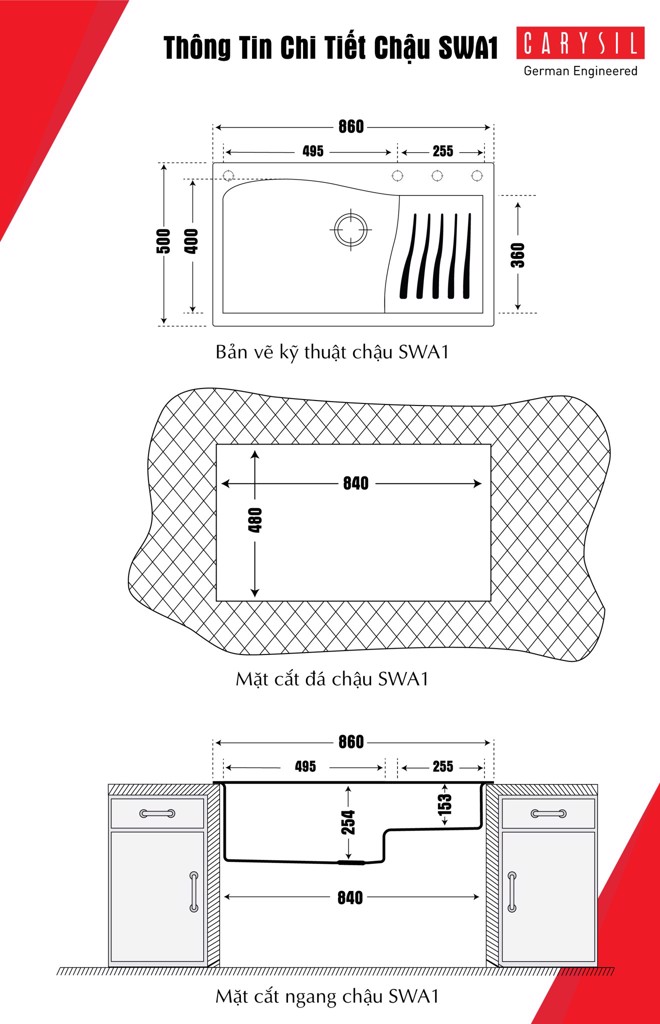 kích thước chậu rửa chén bằng đá SWA1