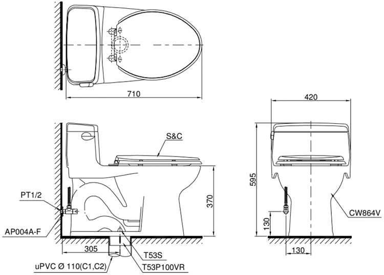 Bản vẽ kỹ thuật bồn cầu TOTO MS864W11