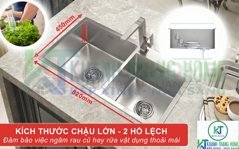 Chậu rửa với thiết kế chính là 2 hố lệch