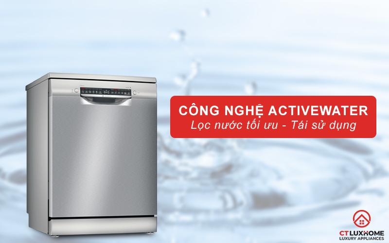 Công nghệ ActiveWater giúp tối ưu lượng nước rửa hơn cho máy rửa bát SMS4HTI45E.