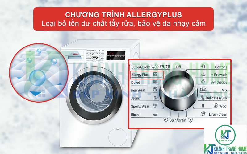 Chương trình AllergyPlus giặt diệt khuẩn và nấm mốc, bảo vệ làn da nhạy cảm