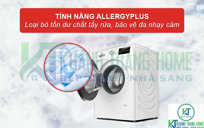 Công nghệ Allergy Plus trên máy giặt sấy WNA14400SG giúp loại bỏ tồn dư chất tẩy rửa.