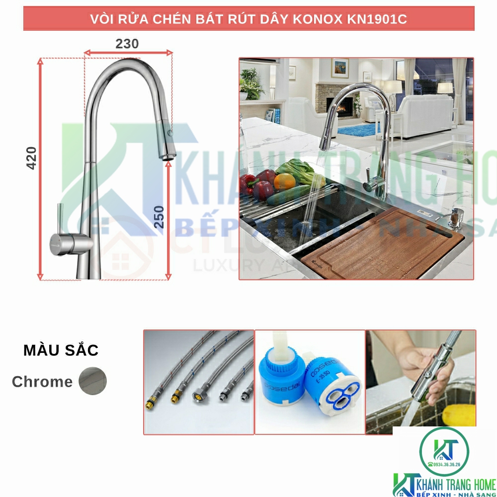 VÒI RỬA CHÉN BÁT RÚT DÂY KONOX KN1901C CHROME