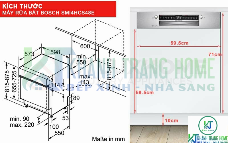 Kích thước máy rửa bát Bosch bán âm SMI4HCS48E và tấm ốp gỗ