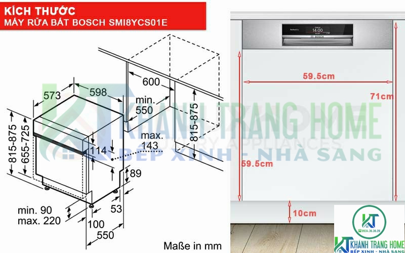 Kích thước máy rửa bán Bosch bán âm SMI8YCS01E và tấm ốp gỗ