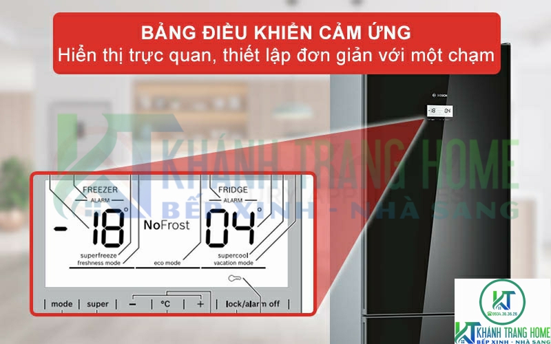 Tủ lạnh Bosch KGN56LB40O serie 6 được trang bị bảng điều khiển cảm ứng tùy chỉnh nhiệt độ với thiết kế tối giản