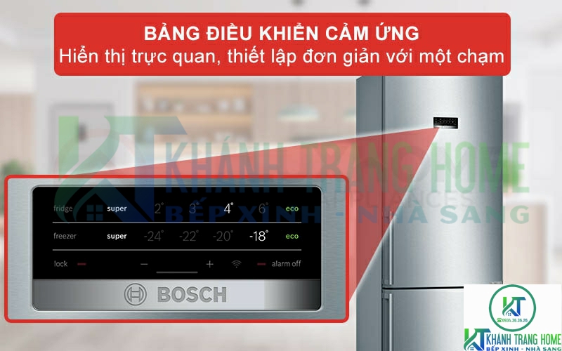 Bảng điều khiển của tủ lạnh Bosch KGN56XI40J cảm ứng một chạm để thuận tiện tùy chỉnh nhiệt độ của tủ lạnh và tủ đông riêng biệt