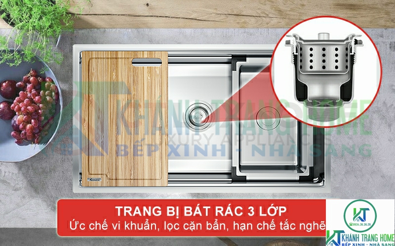 Trang bị bát rác 3 lớp ức chế hiệu quả sinh trưởng của vi khuẩn, lọc cặn bẩn, hạn chế tắc nghẽn đường ống thoát