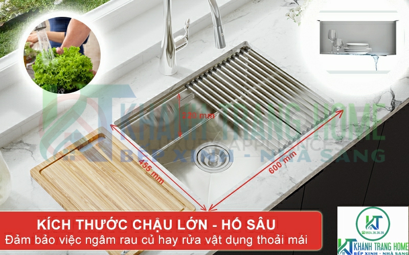 Chậu rửa thiết kế tối ưu diện tích sử dụng, đảm bảo việc ngâm rửa rau củ, đồ dùng thoải mái