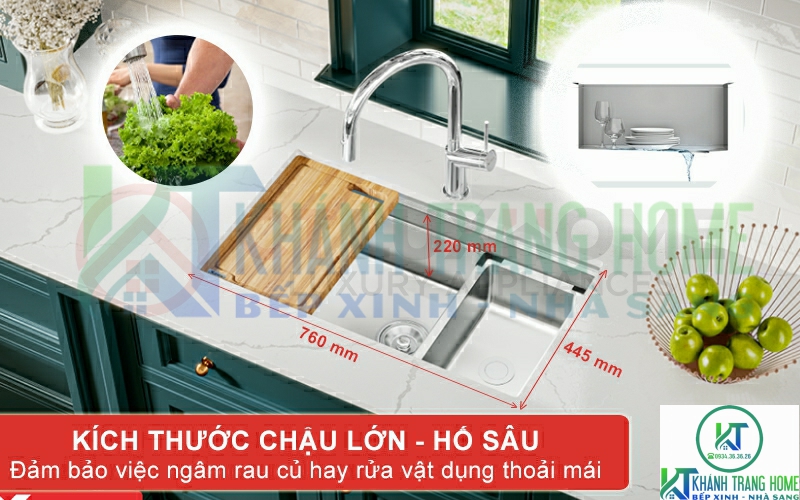 Chậu rửa kích thước lớn đảm bảo việc ngâm rửa rau củ, vật dụng thoải mái