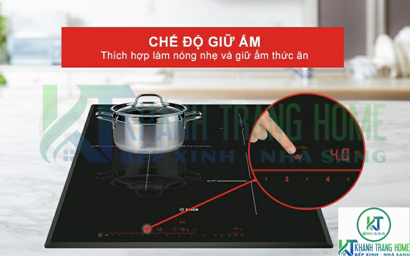 Chế độ giữ ấm tiện lợi mỗi khi bạn hâm nóng đồ ăn trên bếp từ Bosch PID651DC5E.