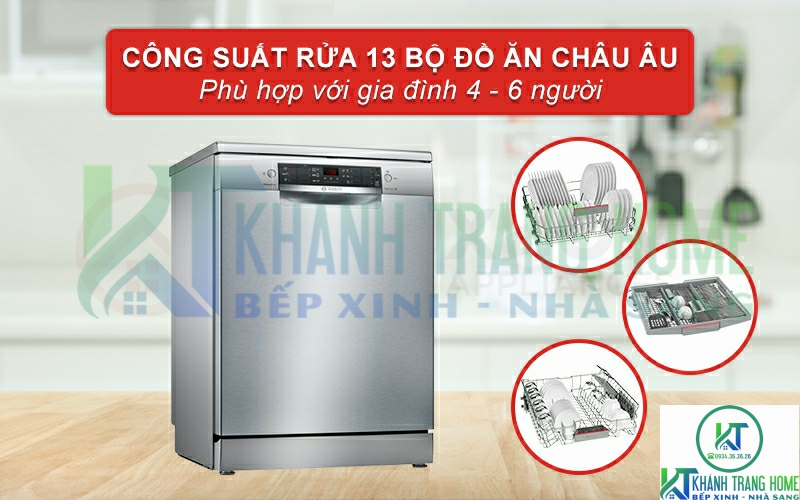 Máy rửa chén Bosch SMS46KI01E Serie 4 có thể rửa tối đa 13 bộ đồ ăn châu u